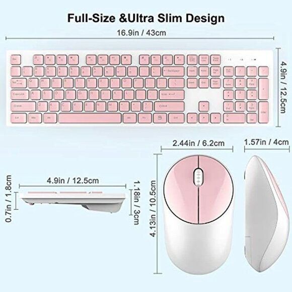 Wireless Keyboard and Mouse, Full-Size Pink 2.4GHz Silent USB Wireless Keyboard - Picture 2 of 7